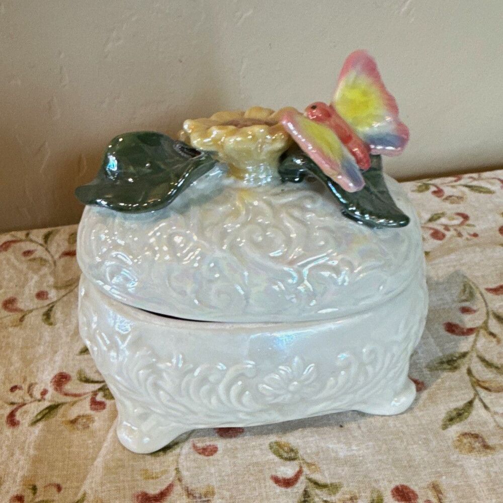 Vintage Iridescent Ceramic Trinket Box 3D Sunflower Butterfly Jewelry Casket